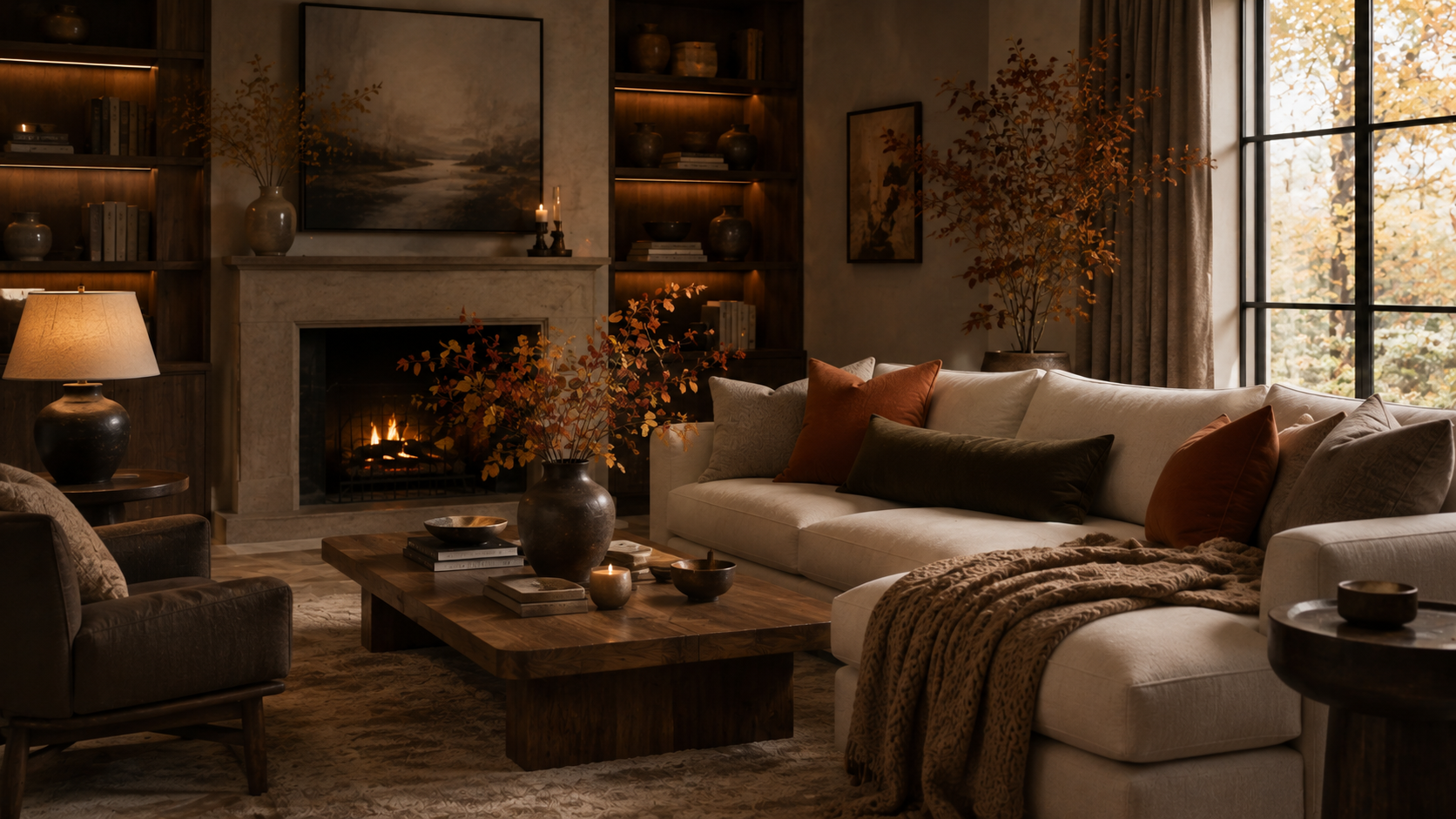 Layered late-fall living room with cream, taupe, walnut, wool textures and deep muted persimmon accents